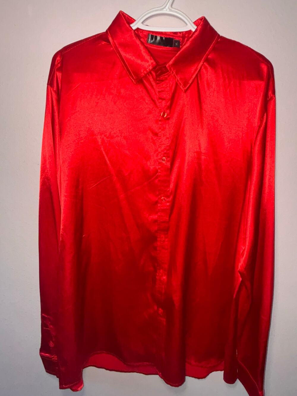 Mens Red Silk Long Sleeve Button Up